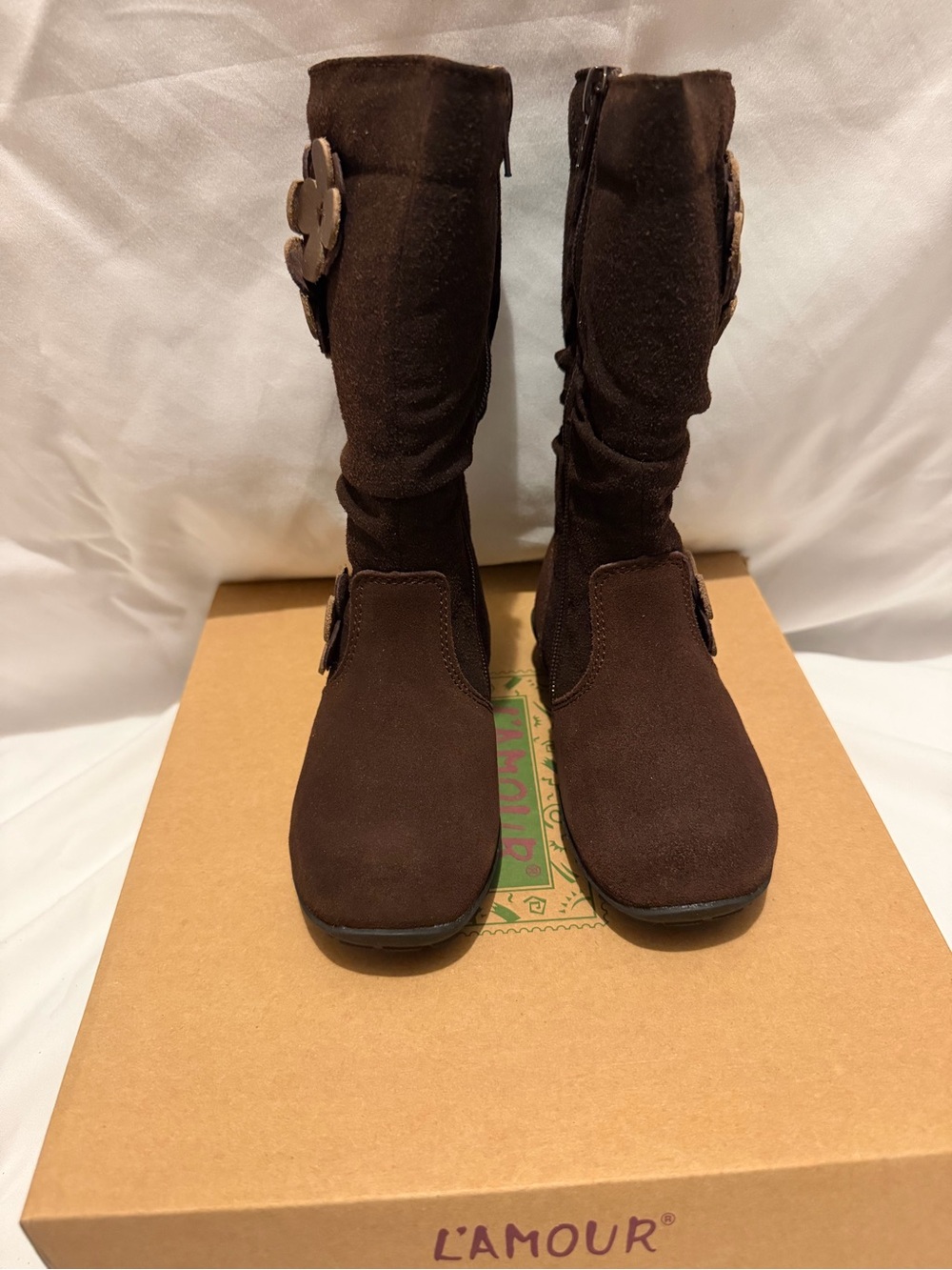 L'Amour Girls Flower Boots Size 8 Brown Suede Tall Boots D900BN Side Zip- NIB - Picture 3 of 7